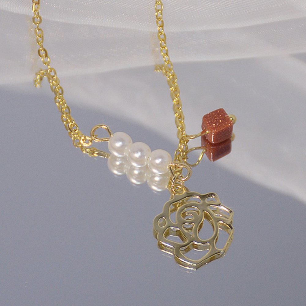 NEW 14K Gold Plated Pearl Camelia Flower Cube Necklace